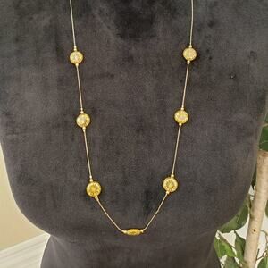 Womens Fashion Yellow Amber Beads Gold Tone Station Necklace Spring Ring Clasp